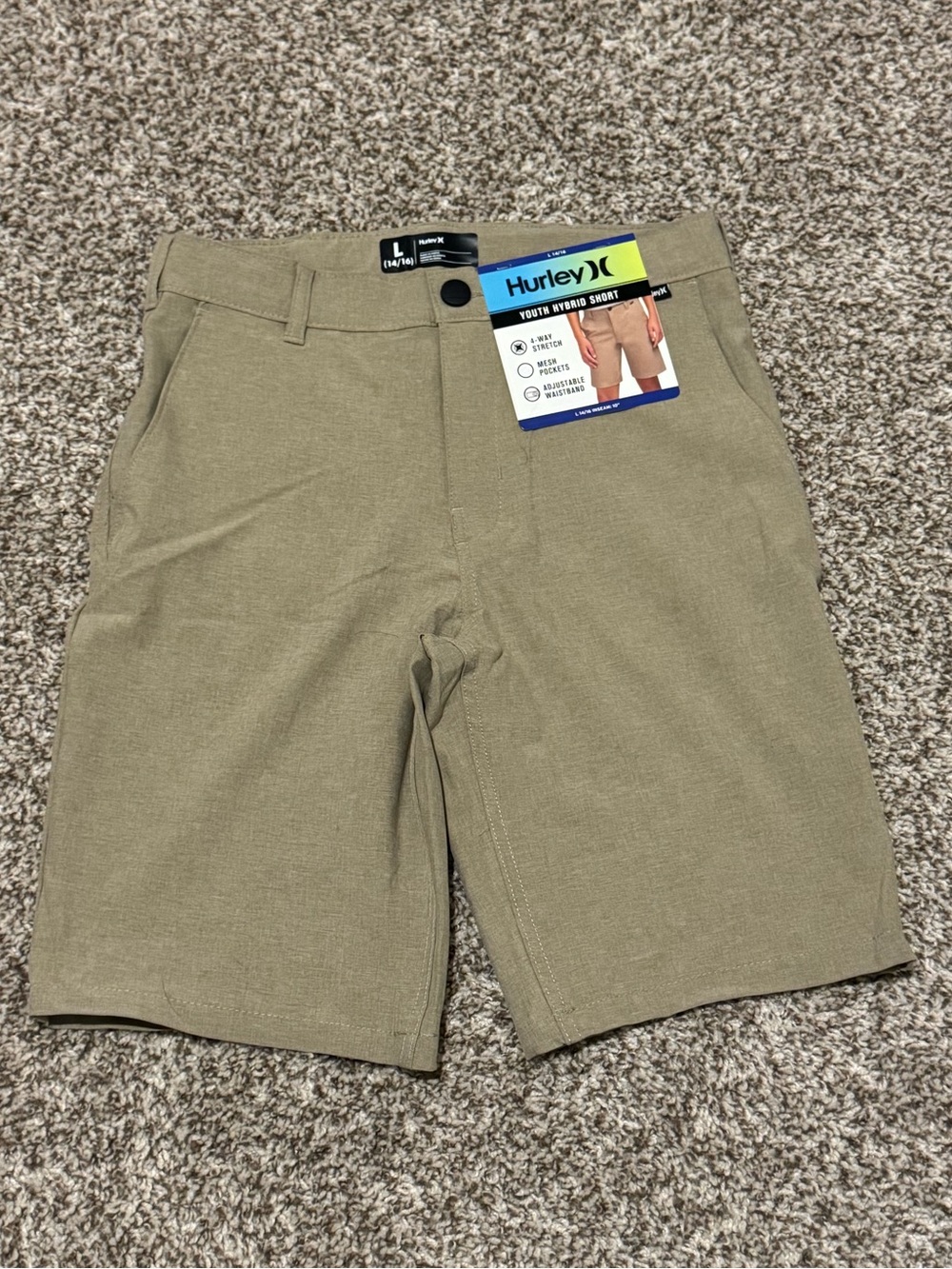 Hurley Youth Hybrid Shorts Khaki Tan Size Large (14/16) NWT Stretch Performance